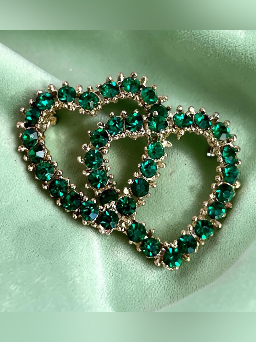 Vintage Double Heart Green Rhinestone Brooch Pin